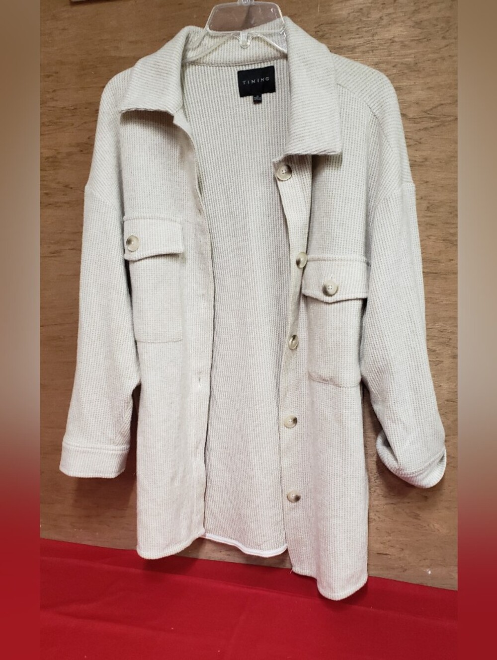 Timing Waffle Knit Over Sized Shacket Oatmeal/Gray 1X EUC